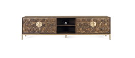 GINER Y COLOMER - Meuble TV 4 portes en bois de manguier avec structure métal, finition noyer et doré, 190x50x40 cm